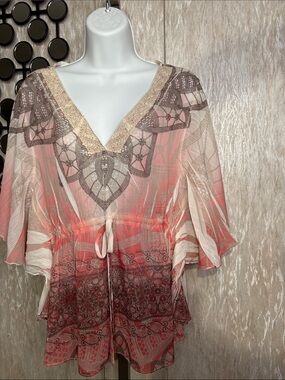 Cocomo Coral Pink Ombre Boho Embroidered V-Neck Tunic